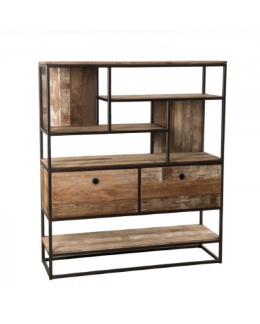 Etagère 2 tiroirs en teck recyclé acacia mahogany métal et métal noir