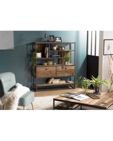 Etagère 2 tiroirs en teck recyclé acacia mahogany métal et métal noir