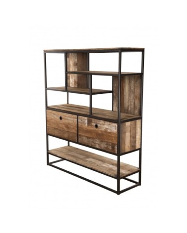 Etagère 2 tiroirs en teck recyclé acacia mahogany métal et métal noir