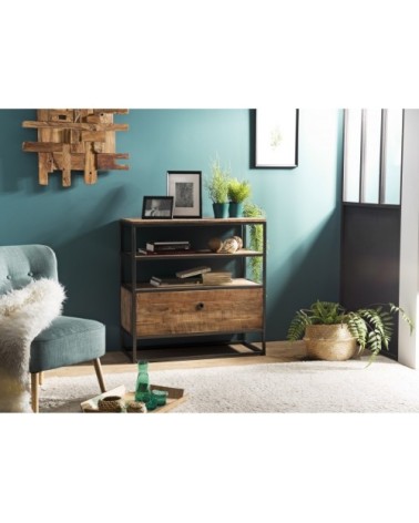Etagère 1 tiroir en teck recyclé acacia mahogany métal noir