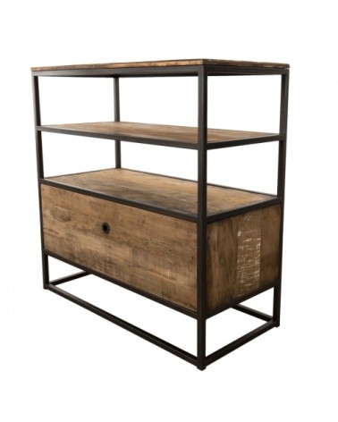 Etagère 1 tiroir en teck recyclé acacia mahogany métal noir