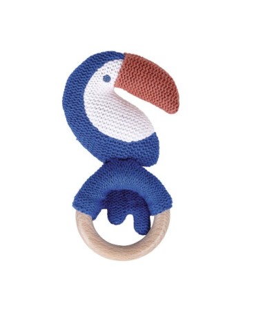 Hochet toucan tricotté bleu, orange et beige