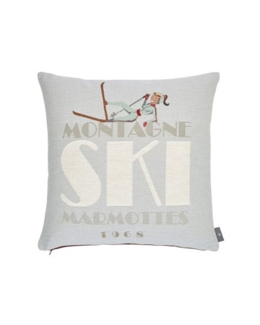 Housse de coussin tapisserie chute de ski made in france bleu