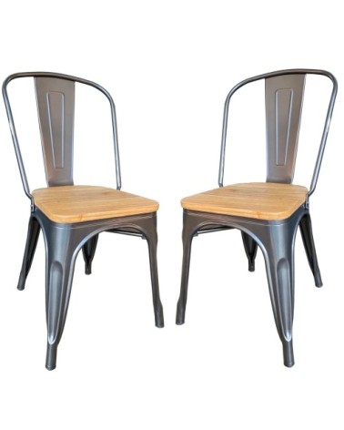 Lot de 2 Chaises de repas acier gris et bois clair