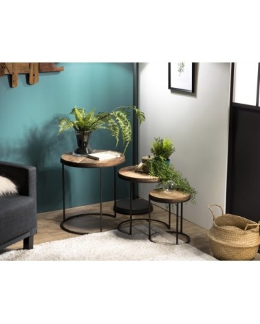 Tables d'appoint en teck recyclé acacia mahogany pieds métal noir D50