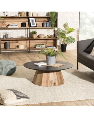 Table basse ronde en pin recyclé et contreplaqué D90