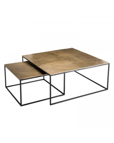 2 tables gigognes carrées aluminium doré pieds métal noir L89