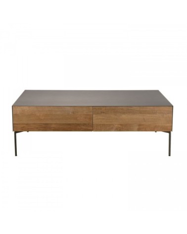 Table basse 2 tiroirs teck recyclé pieds métal gris anthracite L111