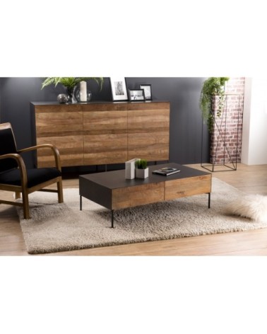 Table basse 2 tiroirs teck recyclé pieds métal gris anthracite L111