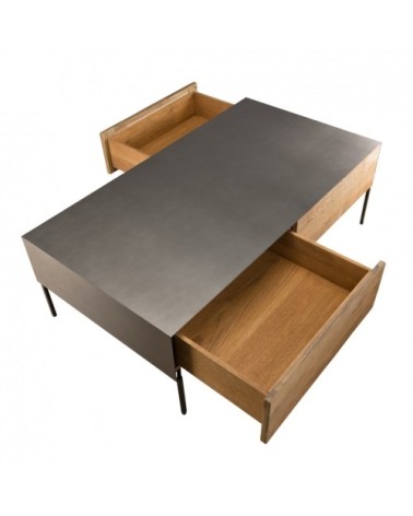 Table basse 2 tiroirs teck recyclé pieds métal gris anthracite L111