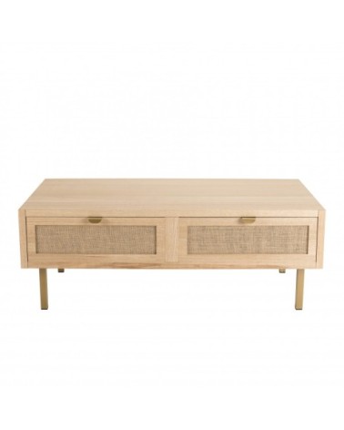 Table basse 2 tiroirs toile de jute pieds métal doré L110