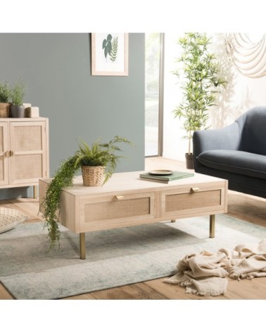 Table basse 2 tiroirs toile de jute pieds métal doré L110
