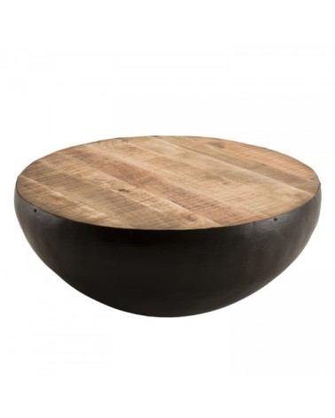 Table basse ronde bois manguier et métal noir D71