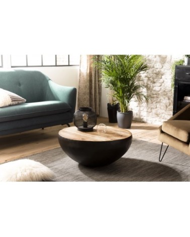Table basse ronde bois manguier et métal noir D71