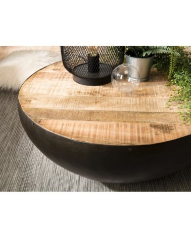 Table basse ronde bois manguier et métal noir D71
