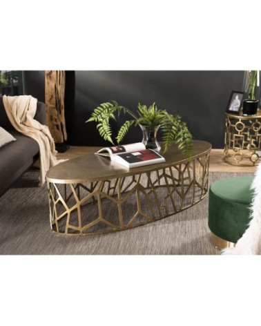 Table basse ovale pietement graphique aluminium doré L150