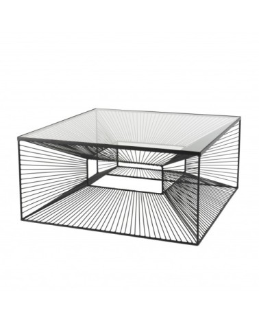 Table basse carrée métal plateau verre métal noir L80