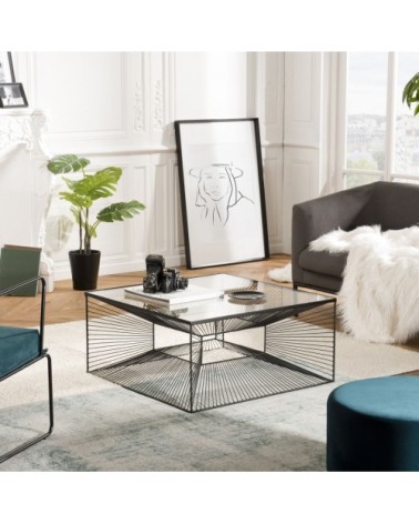 Table basse carrée métal plateau verre métal noir L80