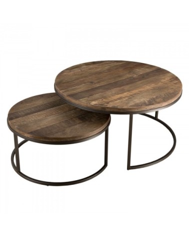 Tables basses gigogne en teck recyclé acacia mahogany métal noir D80
