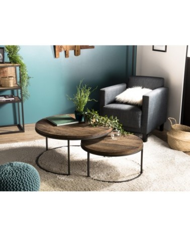 Tables basses gigogne en teck recyclé acacia mahogany métal noir D80