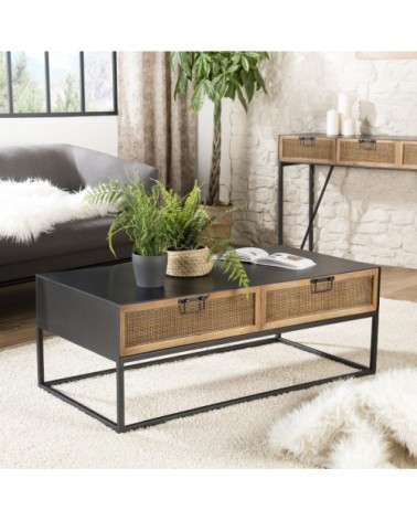 Table basse en métal noir 2 tiroirs cannage naturel L110
