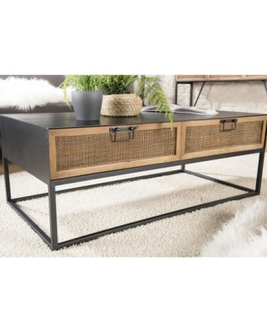 Table basse en métal noir 2 tiroirs cannage naturel L110