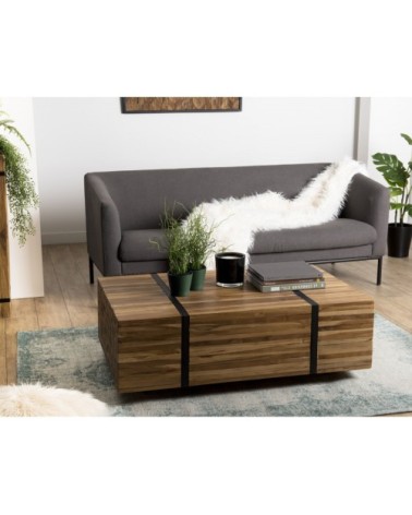 Table basse avec roulettes en teck recyclé cerclée métal noir L110