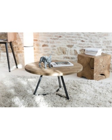 Table basse ronde en teck recyclé et pieds métal noir D75