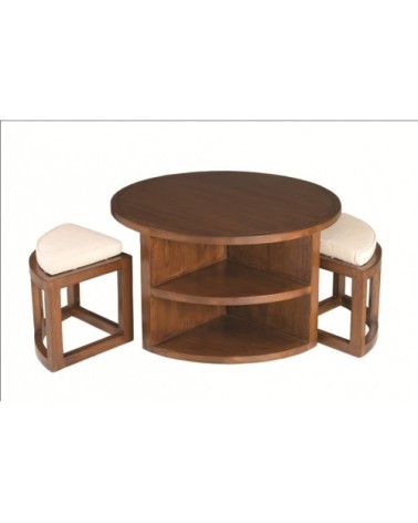 Table basse ronde 2 tabourets avec coussins en mindi D90