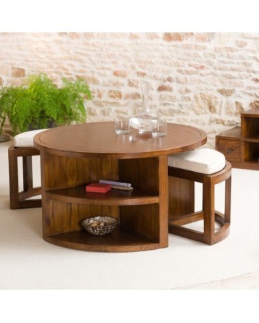 Table basse ronde 2 tabourets avec coussins en mindi D90