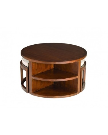 Table basse ronde 2 tabourets avec coussins en mindi D90