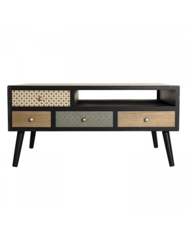 Table basse noire 8 tiroirs marrons motifs pin L90