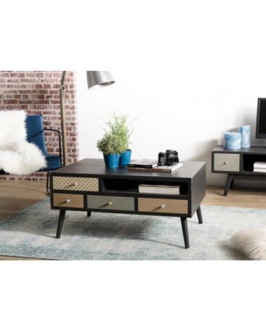 Table basse noire 8 tiroirs marrons motifs pin L90