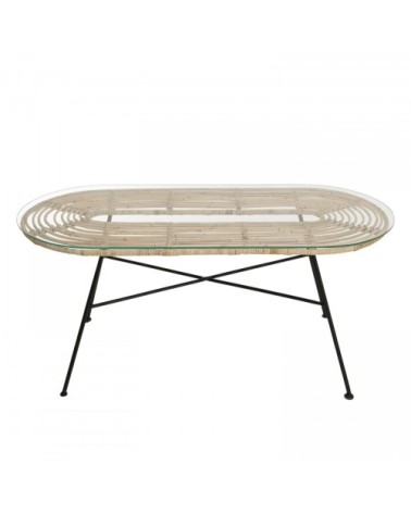 Table basse rotin naturel plateau verre pieds métal noir L102