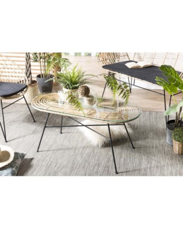 Table basse rotin naturel plateau verre pieds métal noir L102