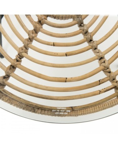 Table basse rotin naturel plateau verre pieds métal noir L102