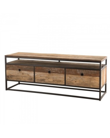 Meuble TV 3 tiroirs en teck recycléacacia mahogany métal noir