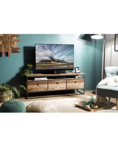 Meuble TV 3 tiroirs en teck recycléacacia mahogany métal noir