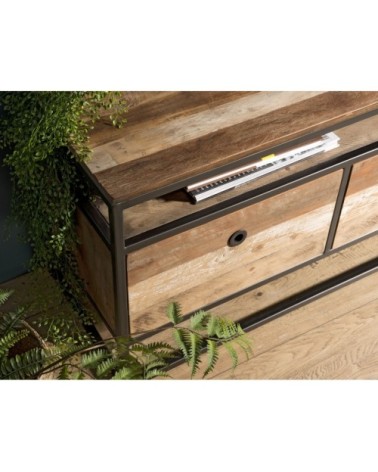 Meuble TV 3 tiroirs en teck recycléacacia mahogany métal noir