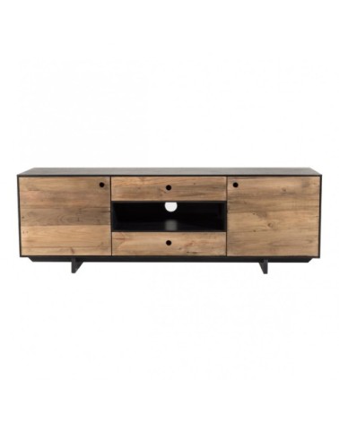 Meuble TV 2 portes 2 tiroirs 1 niche en pin recyclé naturel et noir