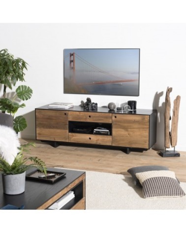 Meuble TV 2 portes 2 tiroirs 1 niche en pin recyclé naturel et noir