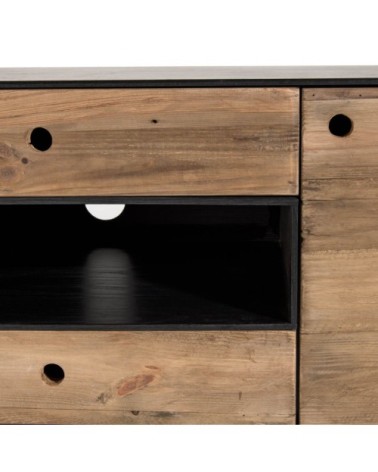 Meuble TV 2 portes 2 tiroirs 1 niche en pin recyclé naturel et noir