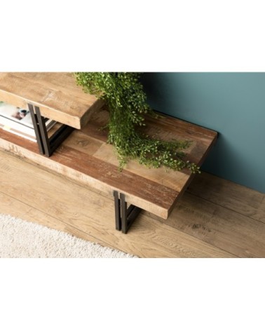 Meuble TV 2 niveaux en teck recyclé acacia mahogany métal noir