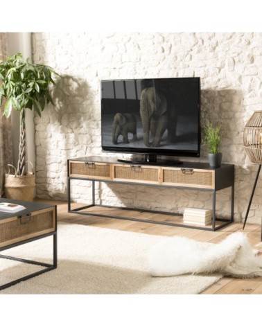 Meuble TV métal 3 tiroirs cannage