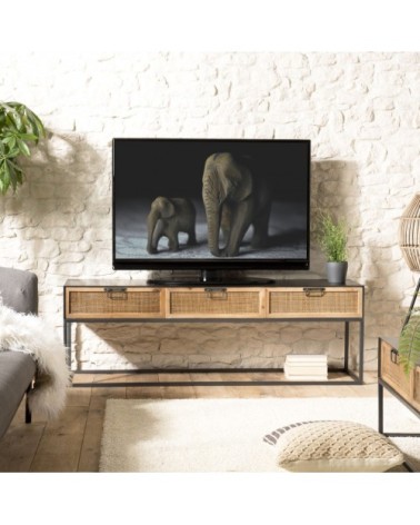Meuble TV métal 3 tiroirs cannage
