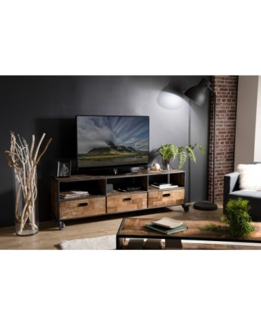 Meuble TV roulettes 3 tiroirs 3 niches en teck recyclé métal noir