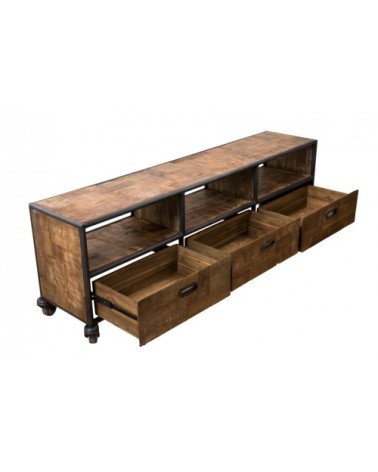 Meuble TV roulettes 3 tiroirs 3 niches en teck recyclé métal noir