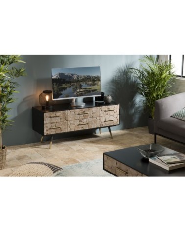 Meuble noir TV 6 tiroirs en sapin marqueté pieds métal doré