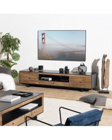 Meuble TV 3 tiroirs 1 niche en pin recyclé naturel et noir