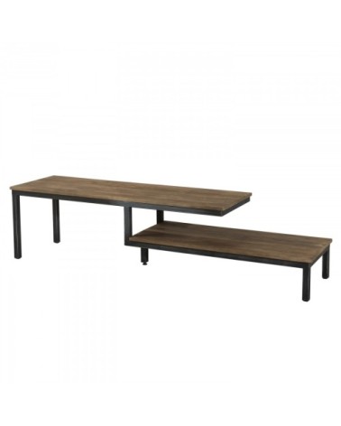 Meuble TV 2 tablettes plateau en teck recyclé et pieds métal noir